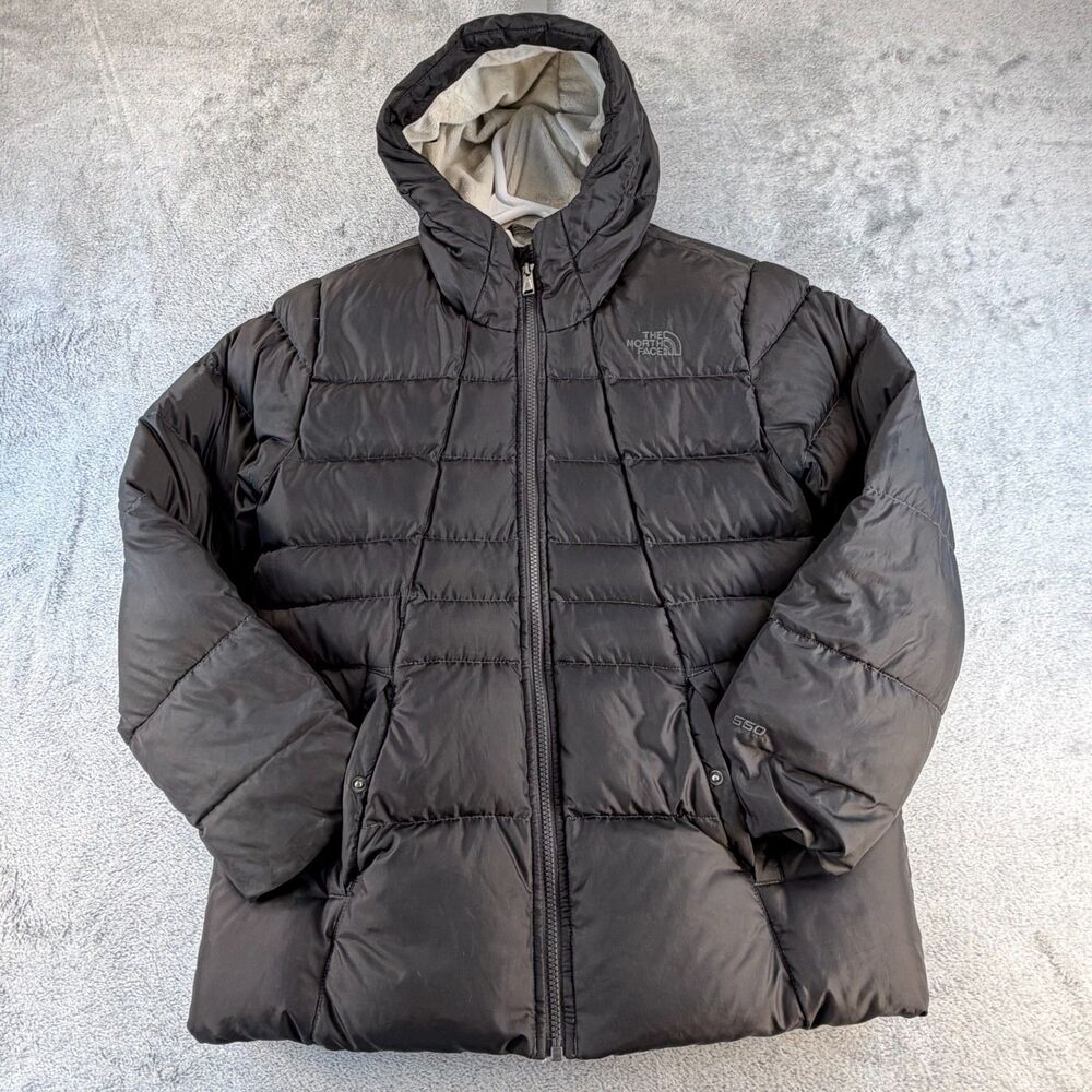 North Face Girls 550 Down Puffer Jacket Hooded Black Size XL 18